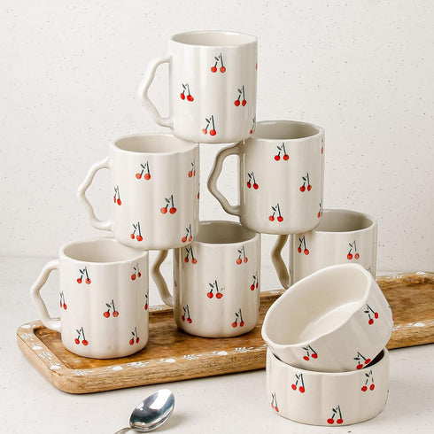 Cream Cherry Ceramic Bowl Set of 2 & Coffee Mug Set of 6